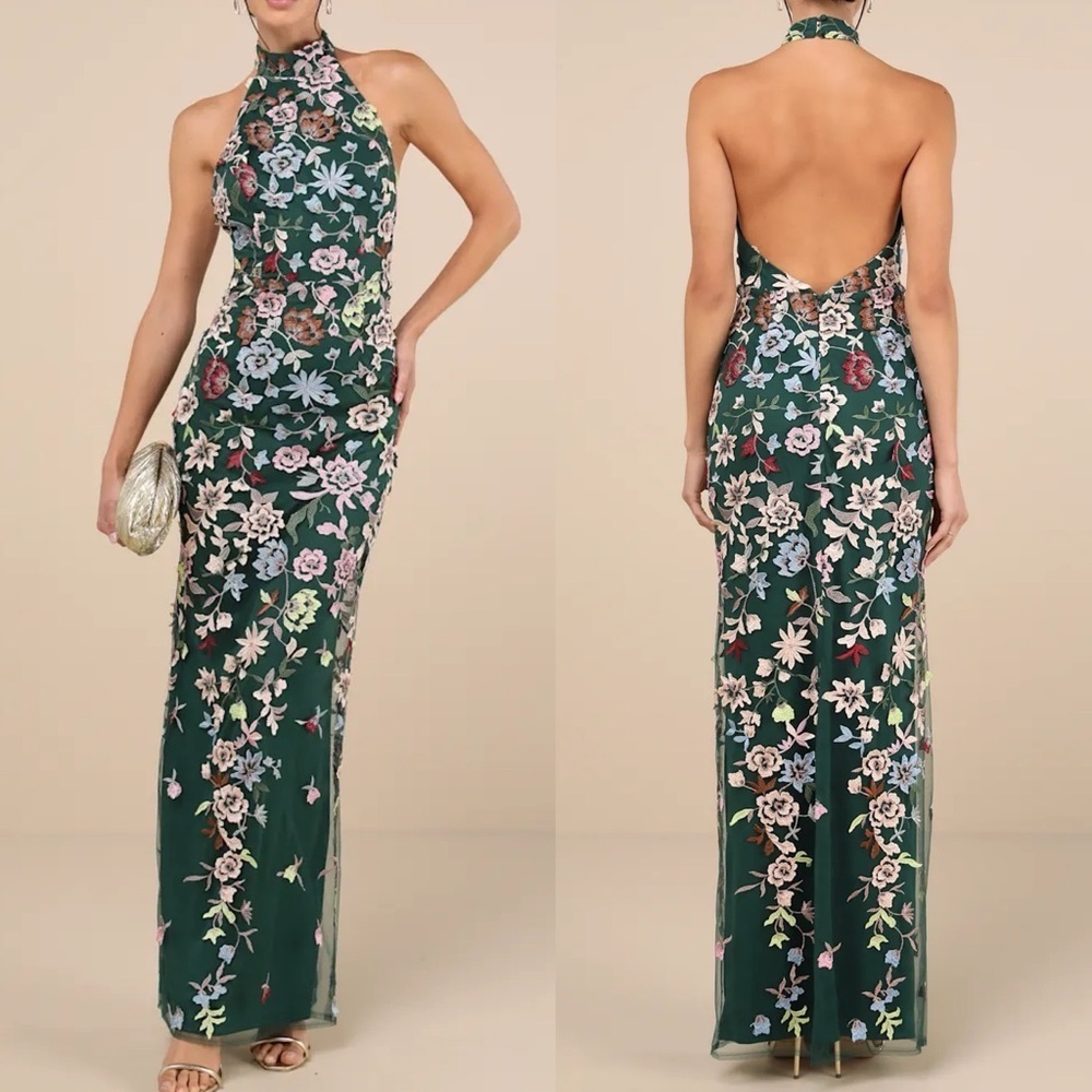 Infinite Praise Emerald 3D Floral Embroidered Halter Maxi Dress